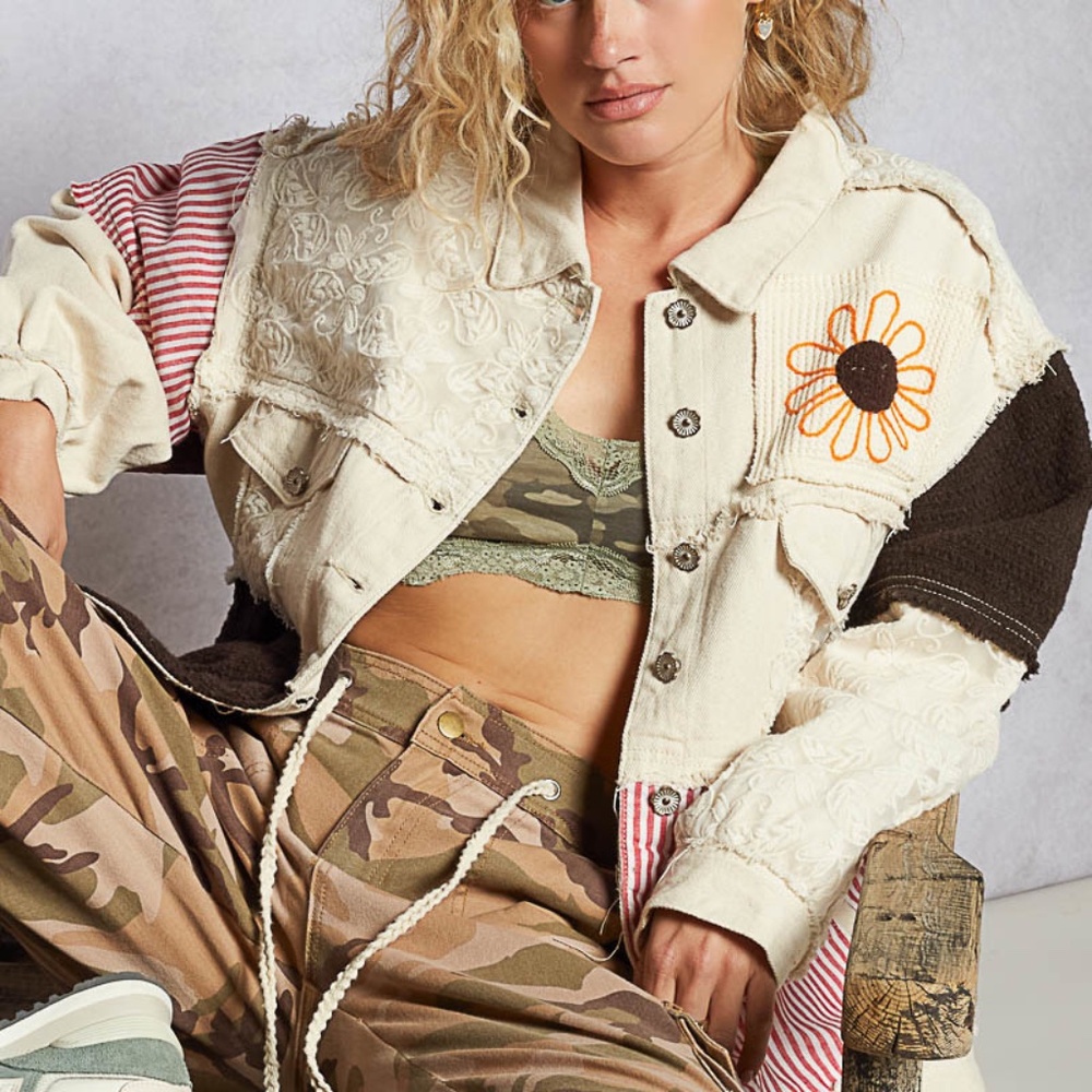 POL Cream Patchwork Jean Jacket with Orange Daisy Accent
